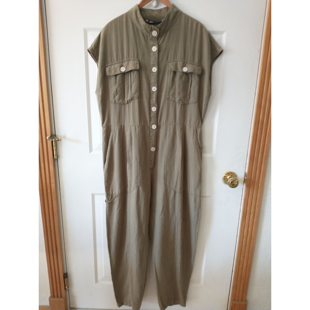 Zara Olive Green Linen Blend Utility Jumpsuit